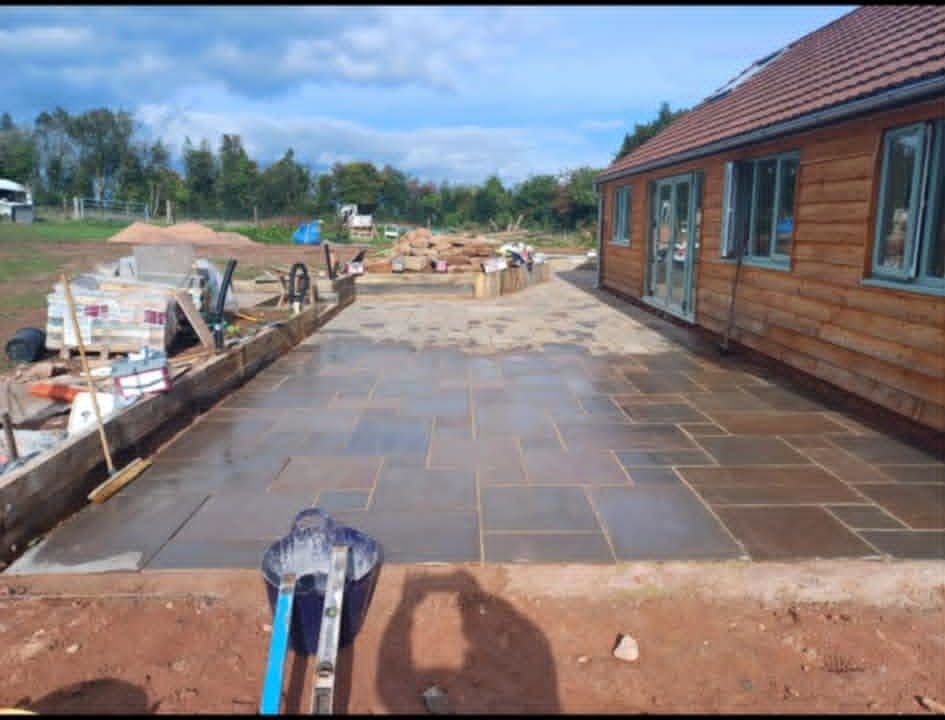 Natural stone patio near completion