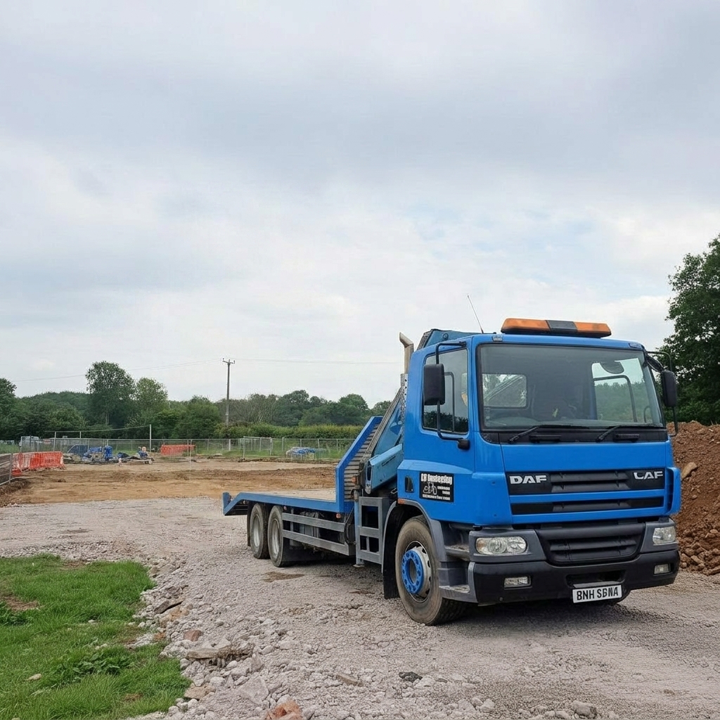 CM Contracting branded flatbed lorry parked at a groundworks construction site